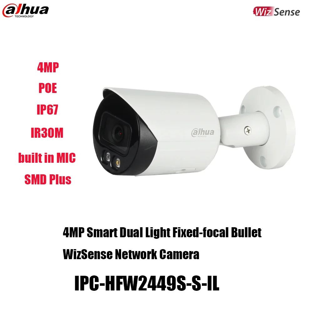 Dahua IPC-HFW2449S-S-IL POE 4MP Dual Light Built-in Mic ONVIF H.265 IP67 built in MIC Fixed-focal Bullet WizSense Network Camera