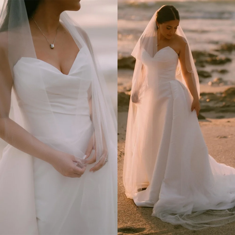 

Customized Delicate White Jersey Wedding Dress Fashion Strapless Sleeveless Bridal Party Exquisite Chapel Train Vestido De Novia
