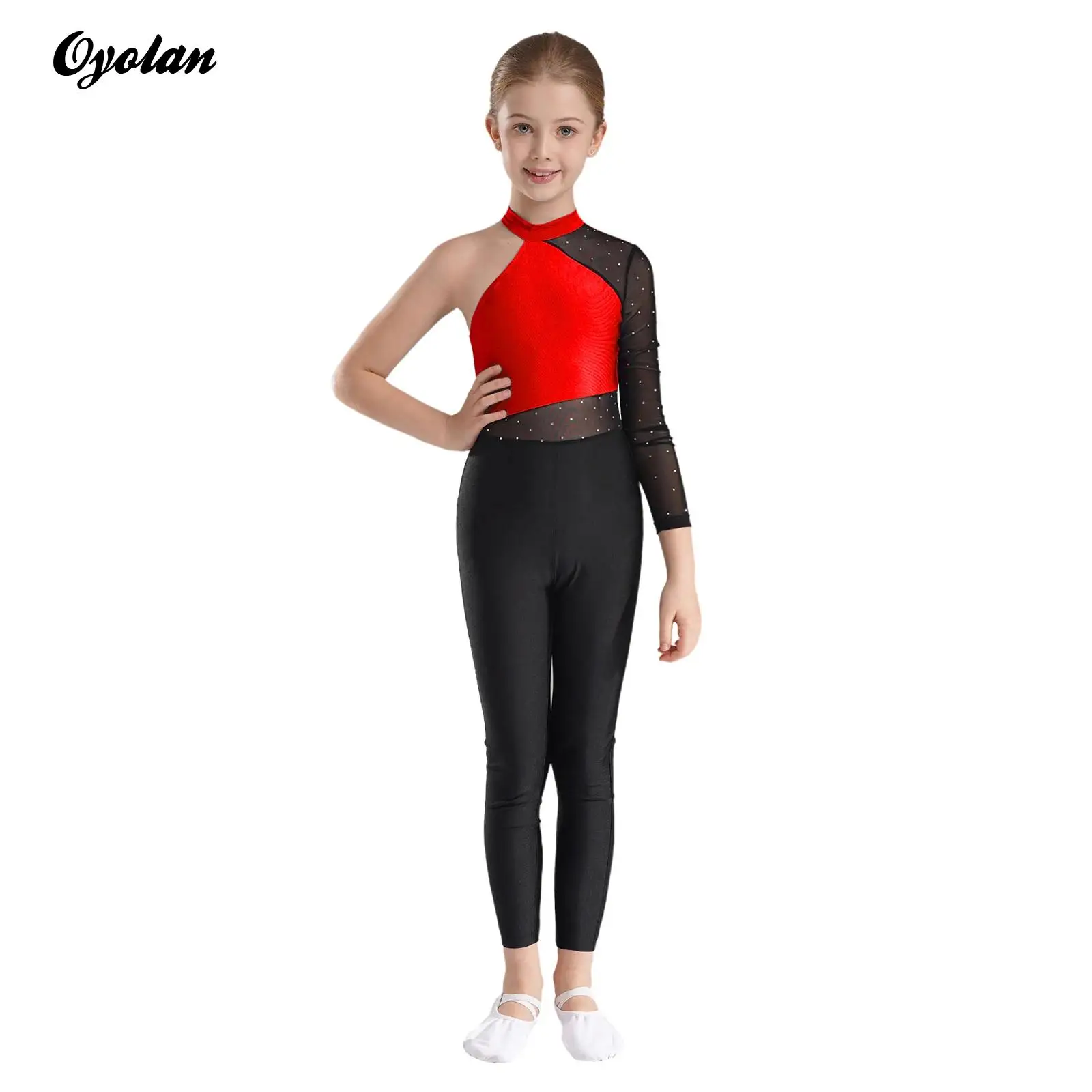 여아용 체조 발레 유니타드 점프수트, 반짝이 라인스톤 피겨 스케이팅 코스튬, 원 숄더 쉬어 메쉬 풀 바디수트