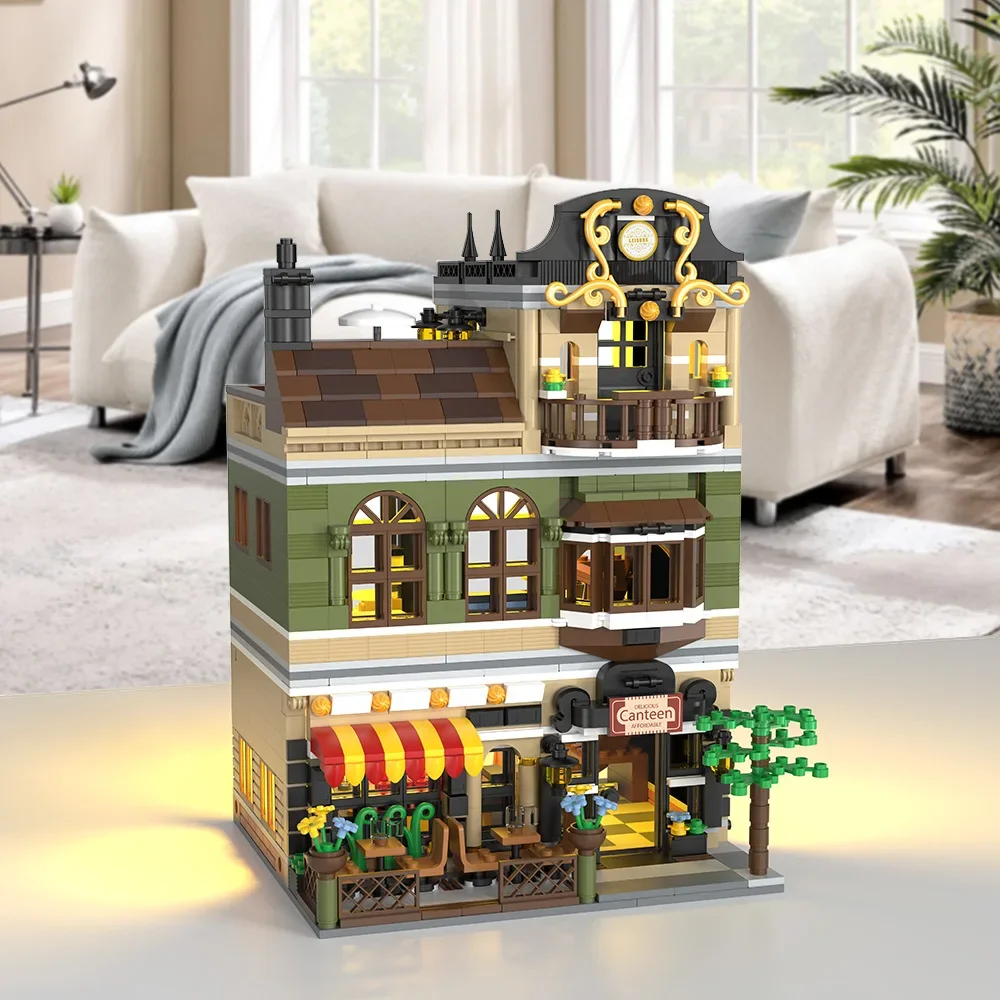 City Restaurant Building Blocks Set with LED, 1230Pcs Mini Brick Architecture Toy for Adults and Teen 14+