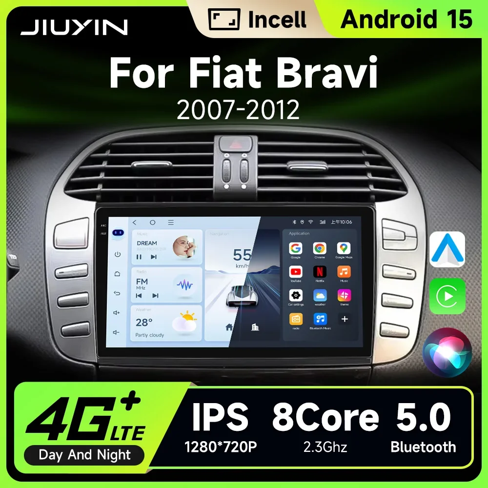 Autoradio JIUYIN Android 14 con CarPlay Wireless e Android Auto per Fiat Bravo 198 2 II 2007-2012 con GPS, Navigazione, RDS, Wi-Fi - Accessorio Auto