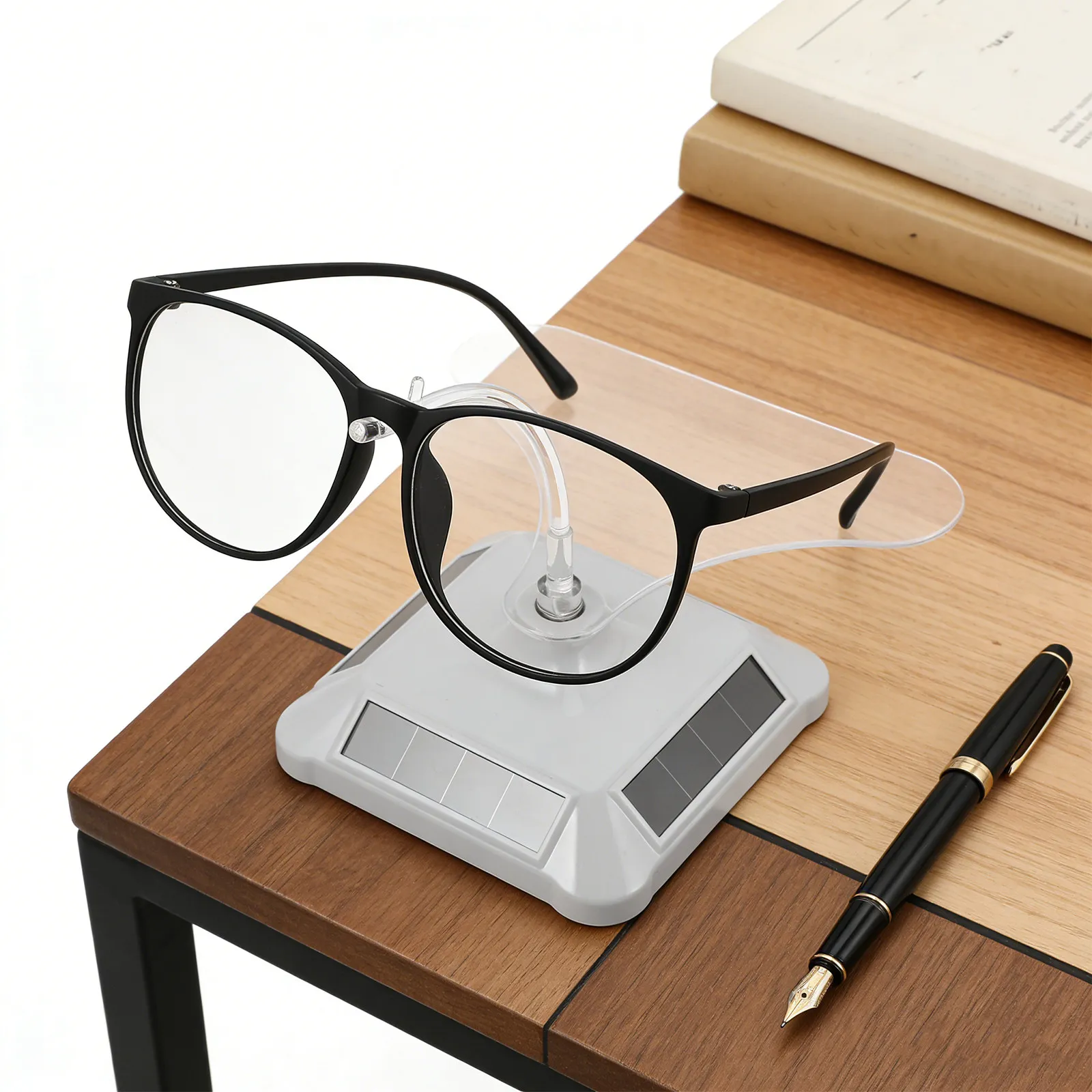 

Solar Powered Rotating Display Stand Silver 360 Degree Turntable for Jewelry Glasses Watches Showcase Organizer