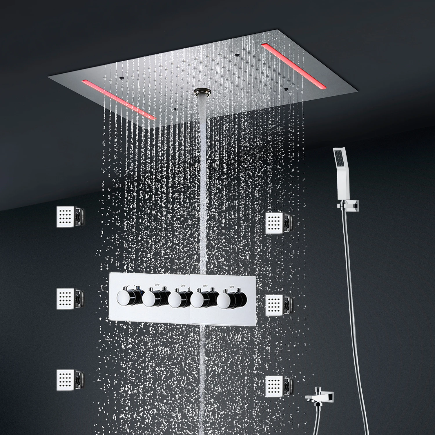 

Thermostatic Shower System 4 Functions LED Ceiling Bath Set Column Rain Chrome Showerhead 360x500mm Body jets Massage