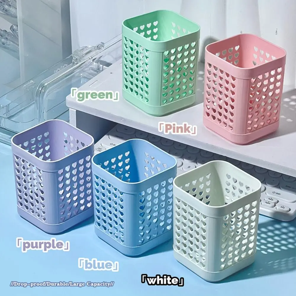Simple Plastic Pen Holder Hollow-out Pattern Large Capacity Pencil Cup Square Makeup Brush Holder Students