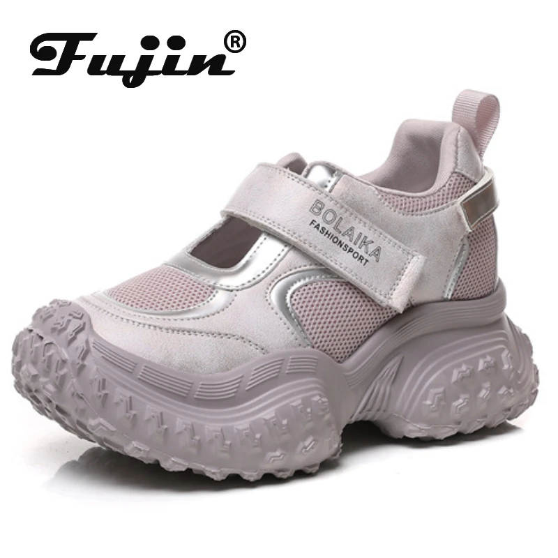 Fujin 8cm Air Mesh Summer Genuine Leather Loafer Fashion Comfy Hook Women Sandals Platform Wedge Shoes Vulcanize Chunky Sneakers