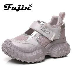 Fujin 8cm Air Mesh Summer Genuine Leather Loafer Fashion Comfy Hook Women Sandals Platform Wedge Shoes Vulcanize Chunky Sneakers