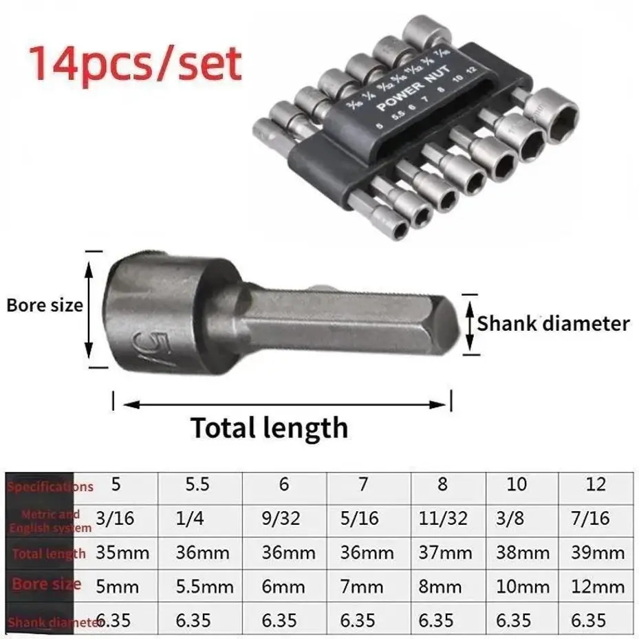1 Set 5mm-13mm Hex Socket S Sleeve Power Nut Driver Drill Bit Set 1/4