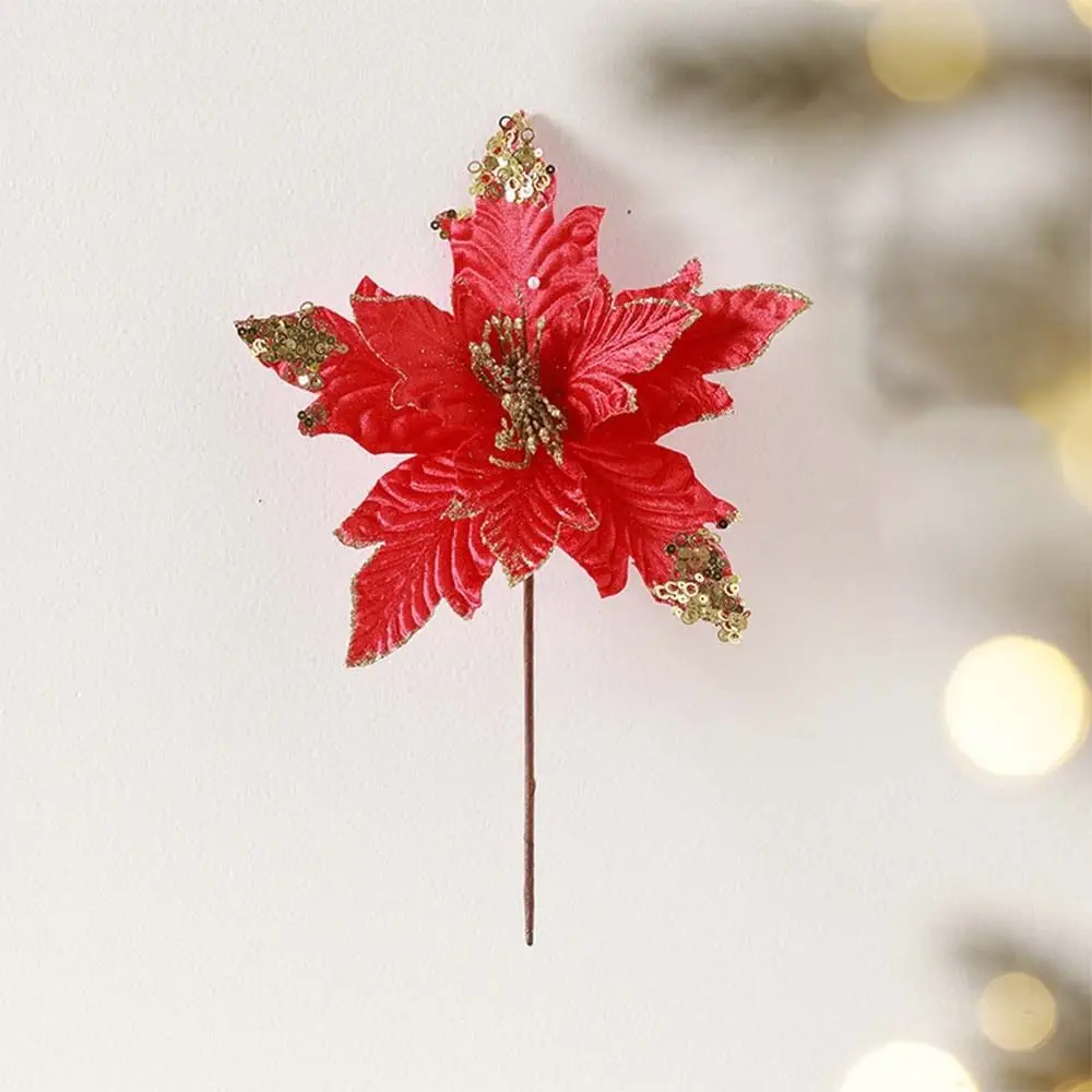 

25cm Christmas Poinsettia Glitter Flower Large Flocking Artificial Christmas Flower Realistic DIY Wreath Simulated Flower Head
