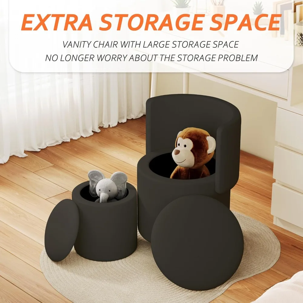 كرسي مستدير مع مساحة تخزين، كرسي مكياج دوار من جلد البولي يوريثان مع ظهر قابل للطي، عثماني منجد لـ B #3