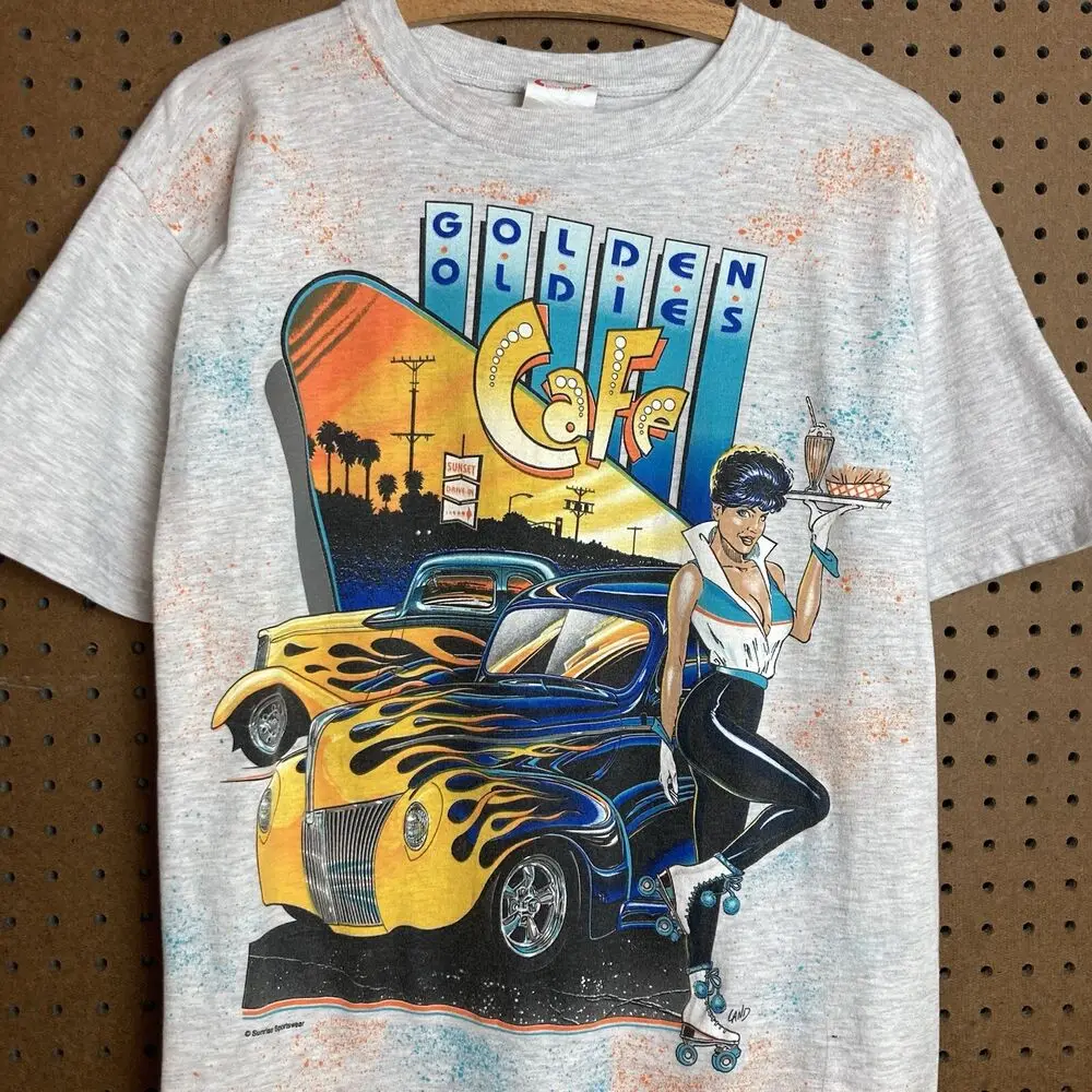 Vintage Hot Rod Car T-shirt Size Medium 90s Street Heat Diner AOP Old School