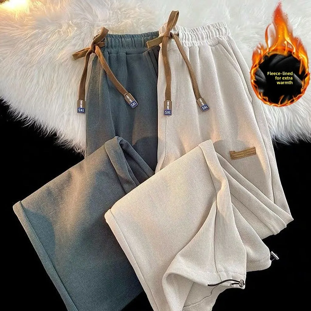 

Мужские вельветовые спортивные брюки с начесом, прямые, свободные, на шнурке, осенне-зимние, в американском стиле, повседневные