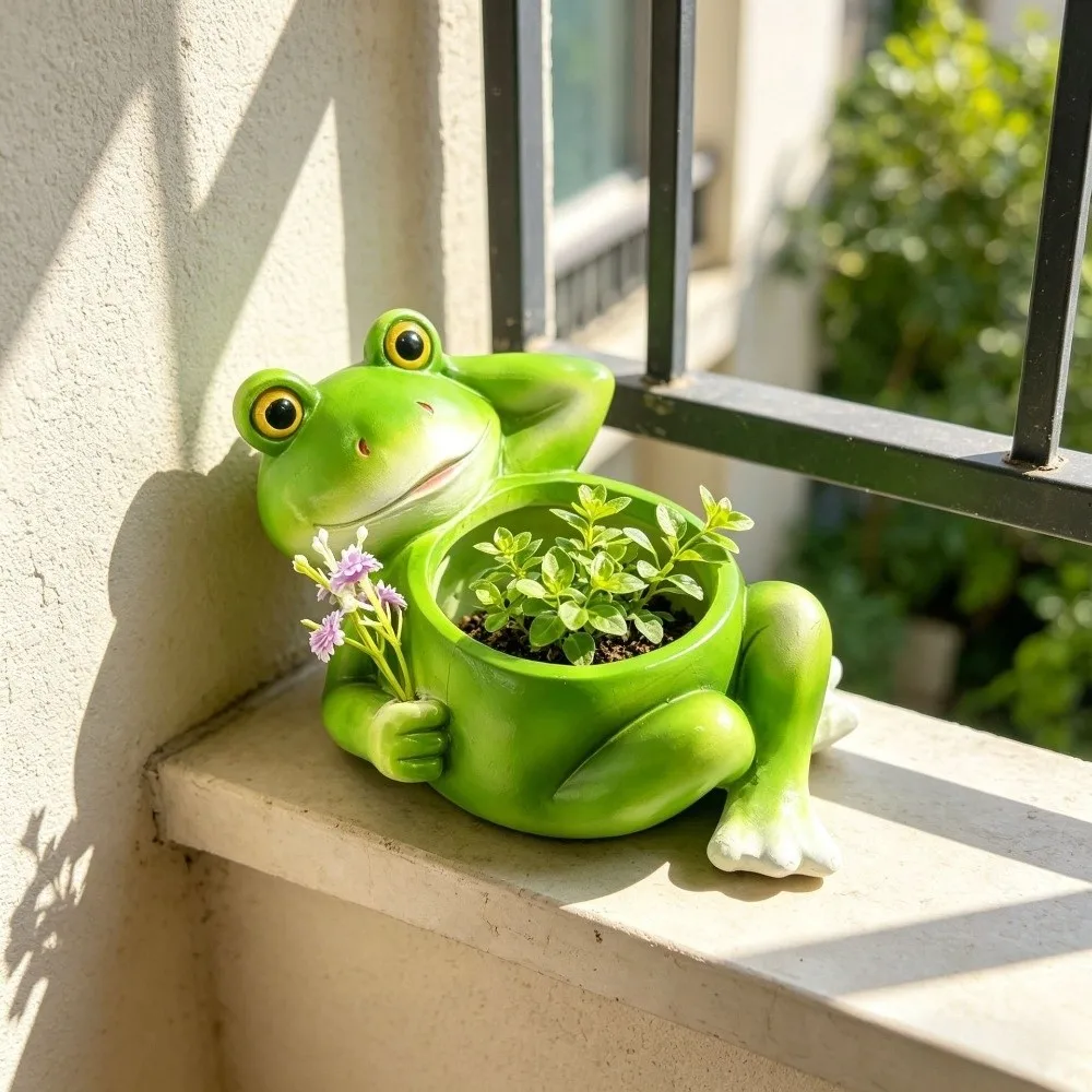 Creative Resin Frog Flower Pot Cartoon with Drainage Hole Plant Holder Decorative Succulent Planter Balcony Decor