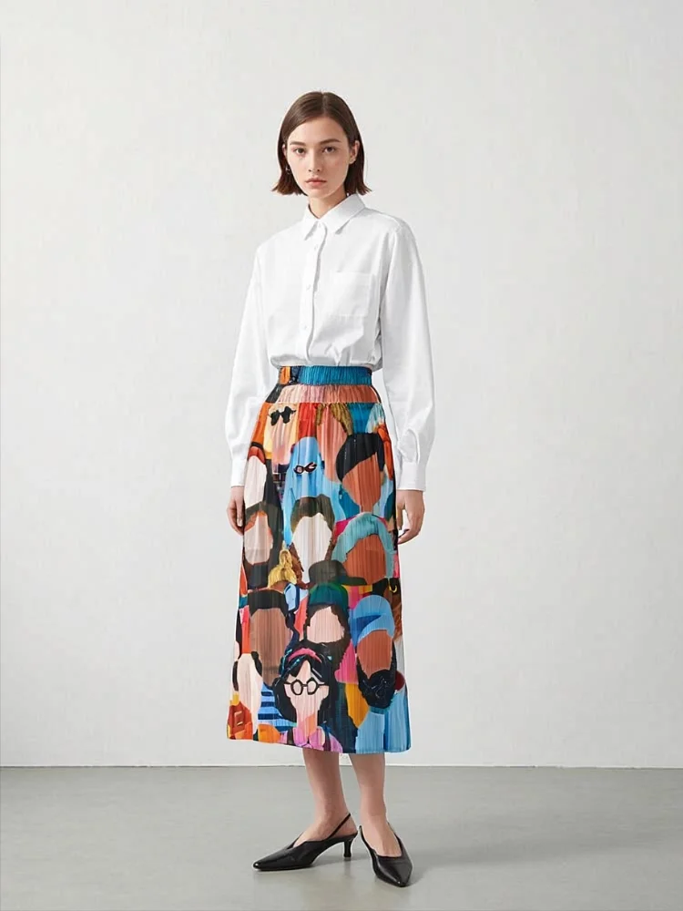 Miyake Pleated Niche Pleated A-line Skirt for Women, Summer High Waist Printed Slimming Princess Skirt, Pleated Midi Skirt