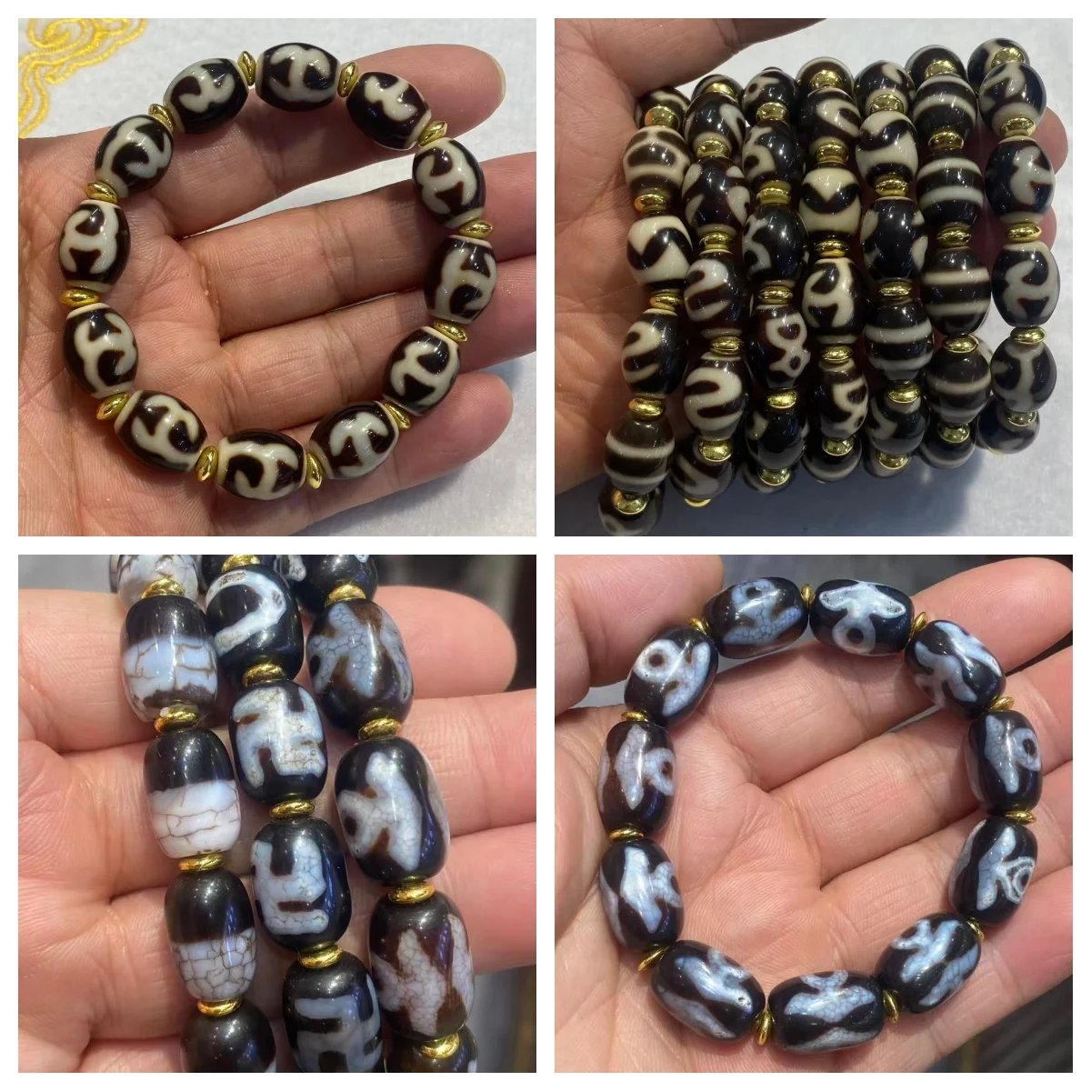 Taiwanese Craft Grey Dalmatian Agate Dzi Bead Red Flesh Calcified Barrel Bead Multi-Gem Bracelet Weathered Patina Tibetan Style