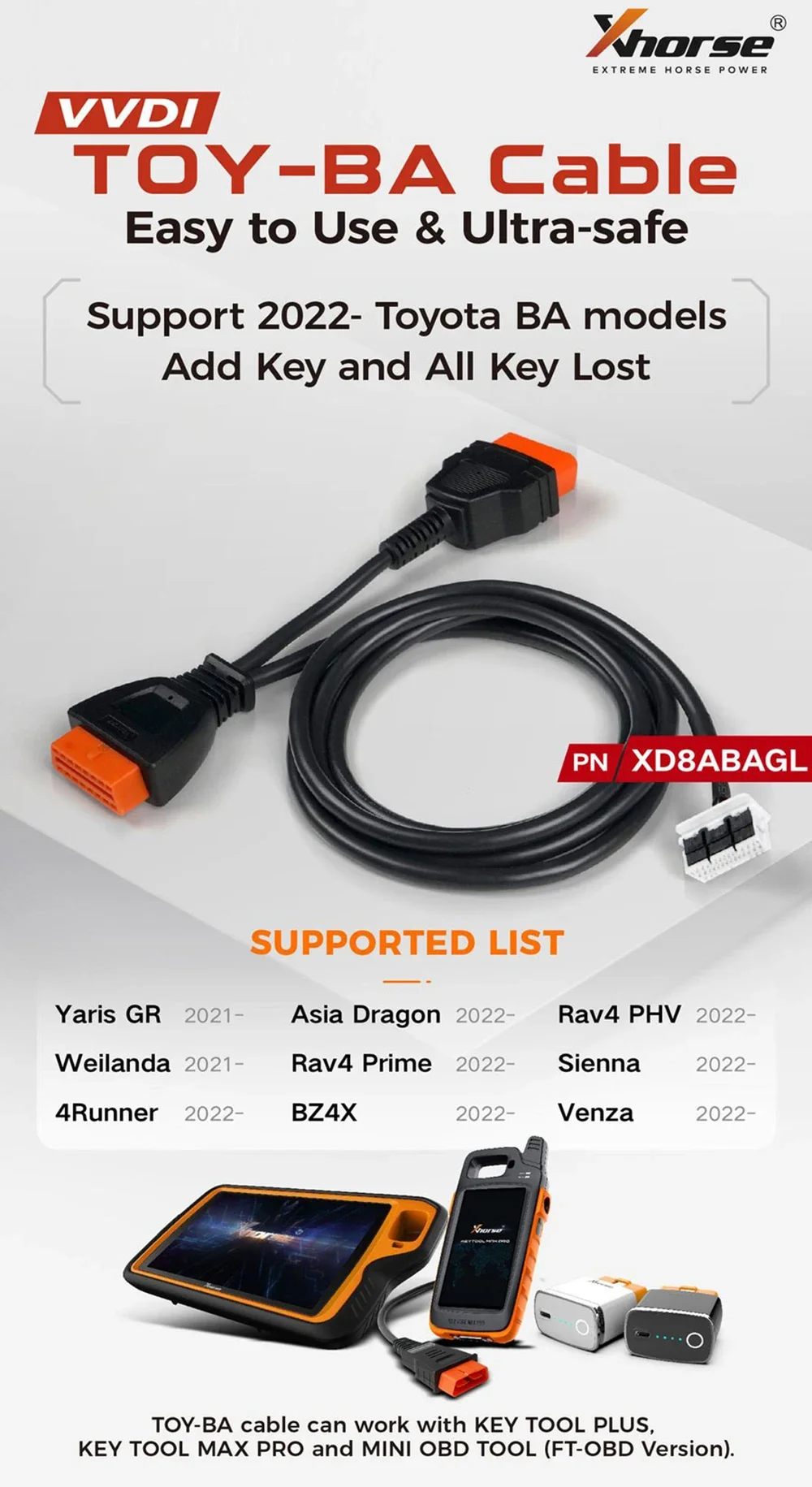 XHORSE XD8ABAGL for Toyota-BA All Keys Lost Adapter Special Cable for VVDI Key Tool Plus, Key Tool Max Pro and FT-Mini OBD Tool