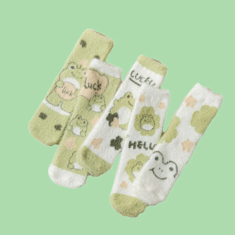 

2024 New 1/3 Pairs Mink Velvet Warm Socks Plus Velvet Thick Winter Home Sleep Green Frog Cartoon Sweet Versatile Cute Socks