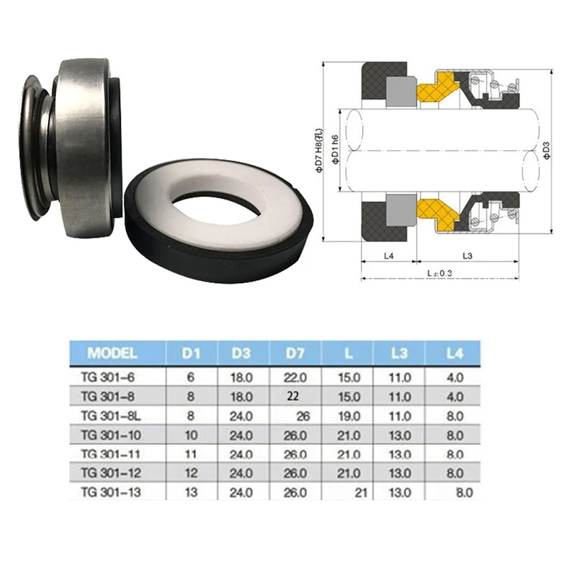 301 Series Fit 8mm 10mm 12mm Water Pump Mechanical Shaft Seal For Circulation Pump -20°C~+100°C