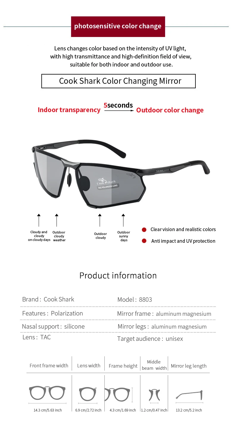 Cook Shark's neue polarisierte Outdoor-Rad-Sonnenbrille für Herren, Fahrer, farbwechselnde Brille zum Angeln, Sonnenbrillen, H – Detail 7