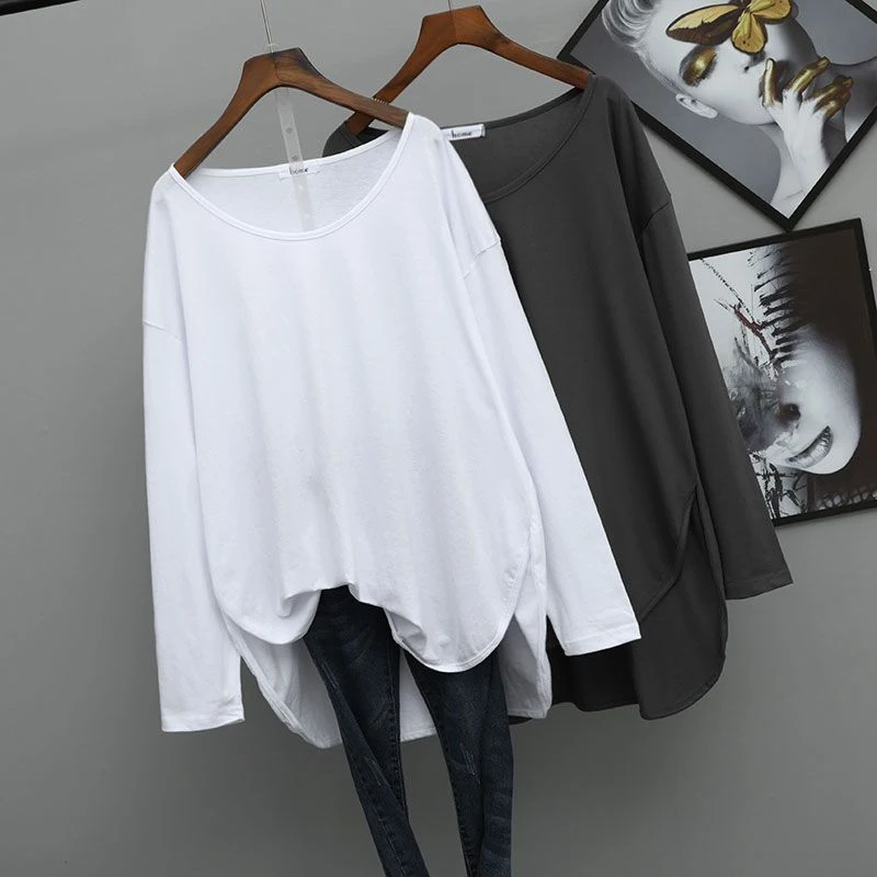 

plus Size 300 Pounds Lazy Style Spring Long Sleeve Korean Version Fat MM Color round Neck White Mid-Length T-Shirt Dres...