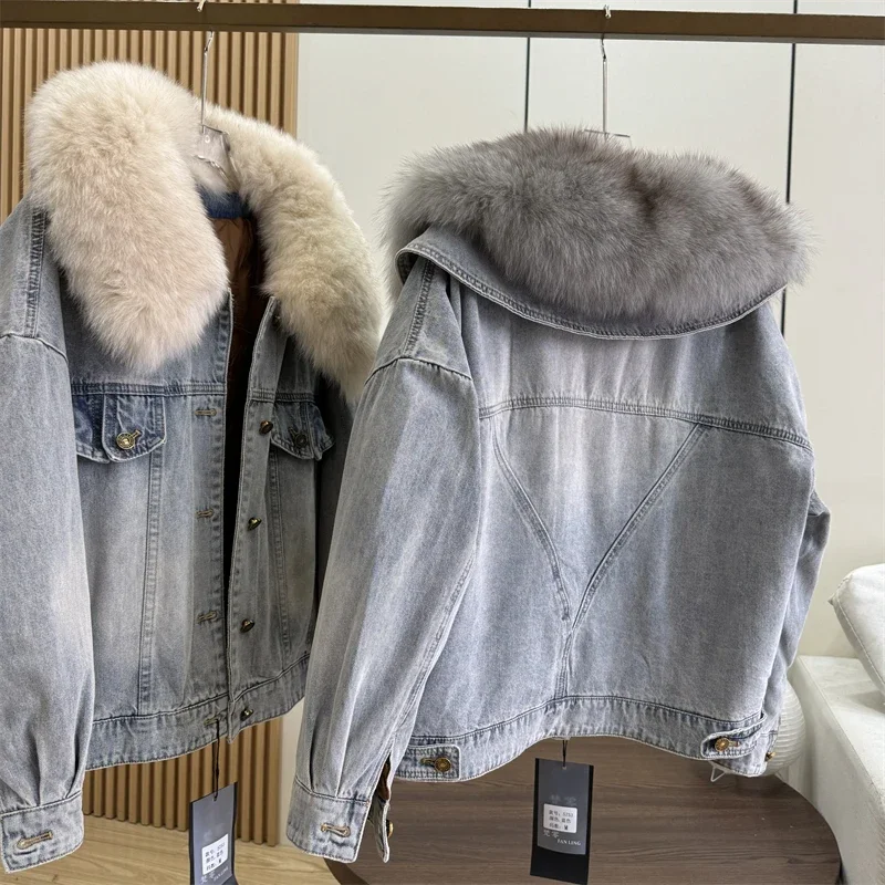 2024 New Luxury High-end Can Be Disassembled Oversized Fox Hair Denim Parker Down Liner Thickened Jacket New Winter Clothing