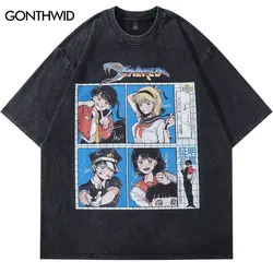 Camiseta Vintage de gran tamaño para niña, ropa de calle lavada con estampado gráfico de dibujos animados japoneses, Kanji Comics, Hip Hop, Harajuku, Top de moda