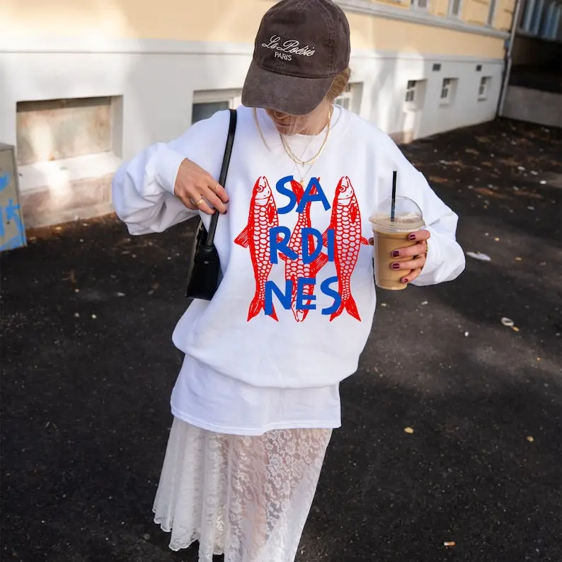 Bluza z grafiką sardynki Modna bluza z nadrukiem rybki w puszkach Klubowa bluza estetyczna Koszulka z anchoisami Jesienno-zimowy strój damski z długim rękawem