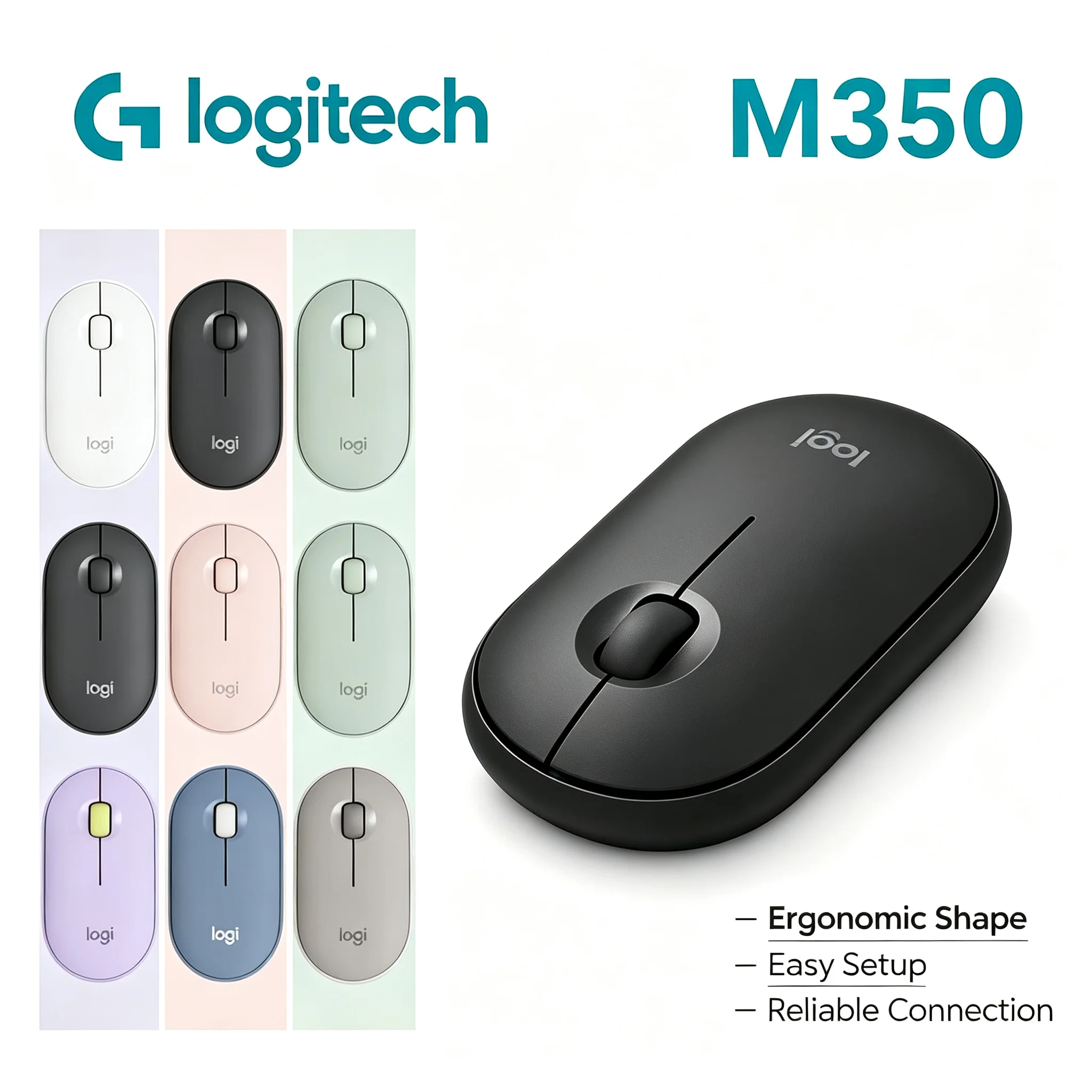 2.4G Wireless Logitech M350 Mouse Low Noise Click Ergonomic Mice for Windows PC Mac