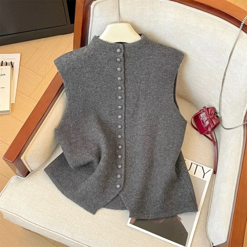 

Elegant Sleeveless Sweater Knit Single Breasted Button Waistcoat Casual Streetwear Knitwears Tank Ladies irregular Sweater Vest