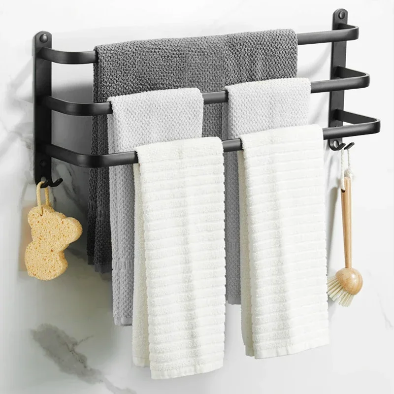 Towel Rack Bathroom Matte Black Collect Holder Wall Mounted Shelf Aluminum Multilayer Layer Wiht Hook Toilet Room Rod 30-60CM