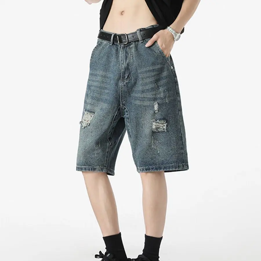 

Дизайнерская одежда 2025: тонкие рваные джинсовые шорты, мужские летние свободные брендовые прямые мешковатые брюки среднего размера с рваными дырками Jean Homme