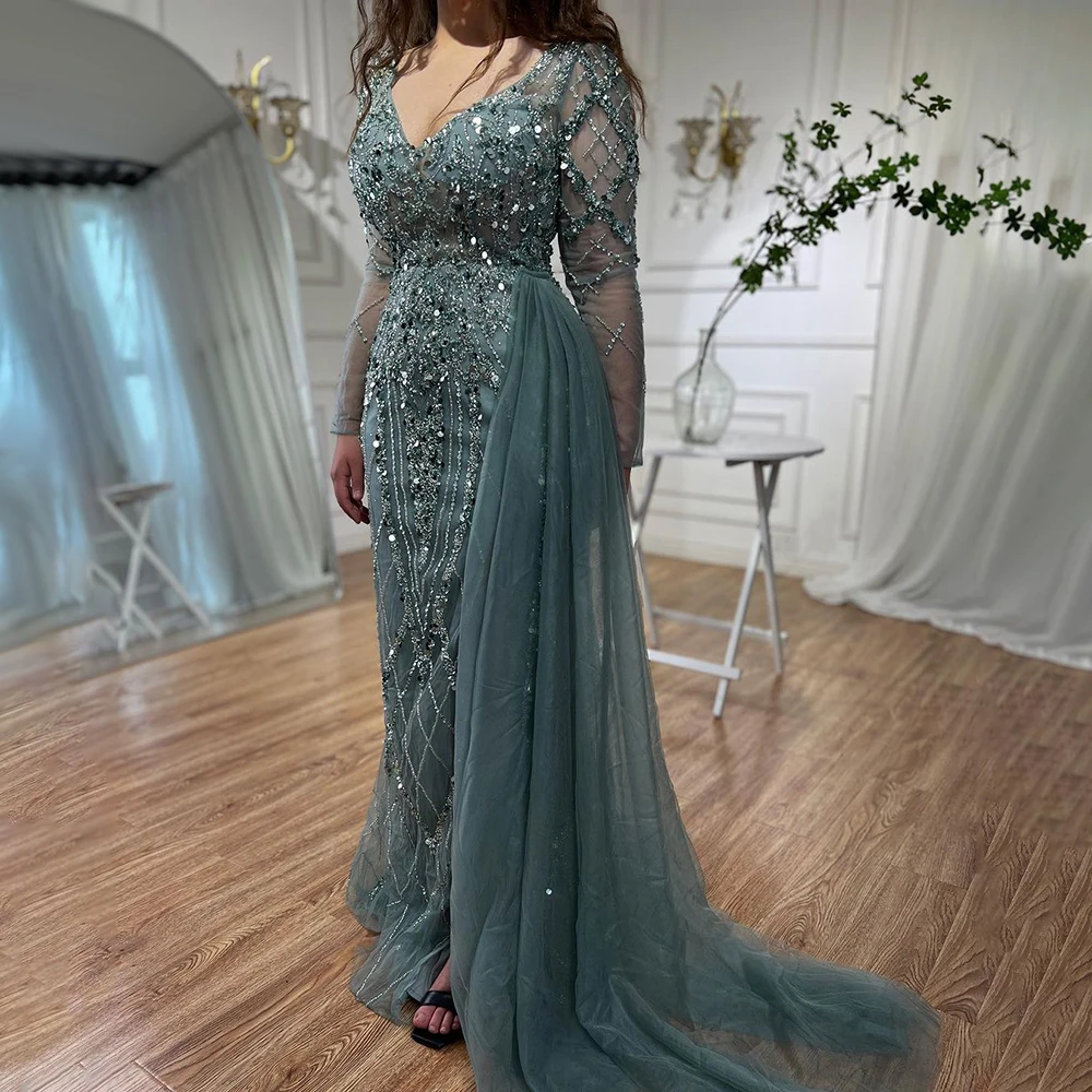 Elegant SERENE HILL Customized Turquoise  Slit Meramid Long Sleeves Evening Dress  Beaded  For Women Wedding Party CLA71793A