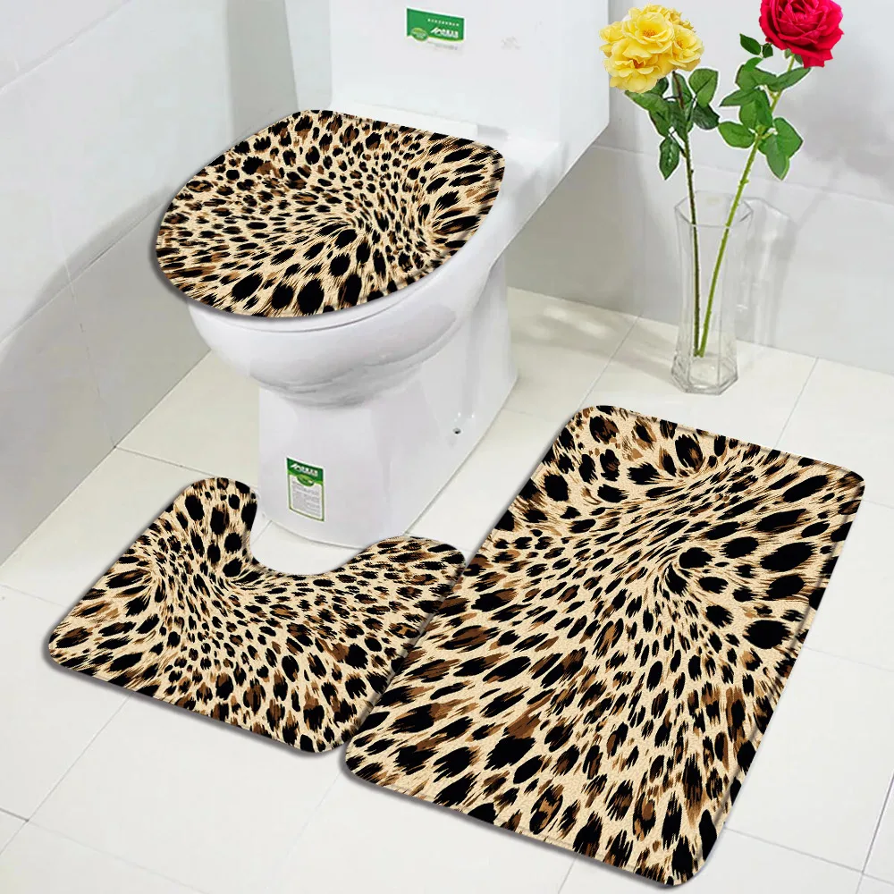 

Fashion Animal Fur Bath Mat Set Brown Leopard Pattern Modern Home Bathroom Decor Non Slip Floor Rugs U-shaped Pad Toilet Cover