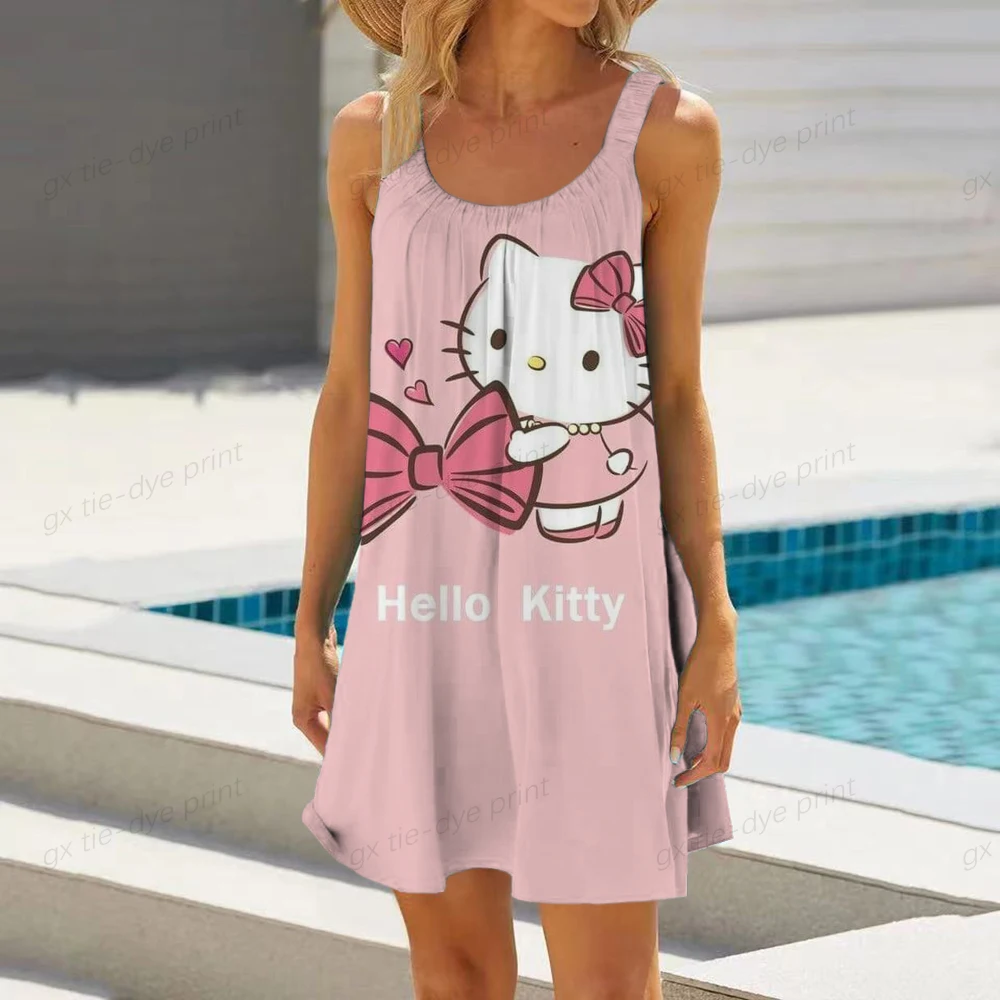 Summer Fashion Bag Hip Beach Party Dress Hello Kitty Printing Cute Cartoon Print senza maniche Sexy Night Club vestito allentato