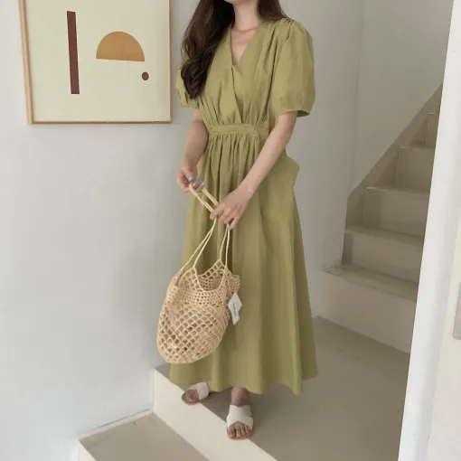 Chic Summer Vintage V-Ne Bubble Sve Long Skirt Dr Women's Slimming Pure Color Chiffon Dr Ci Commute Sle