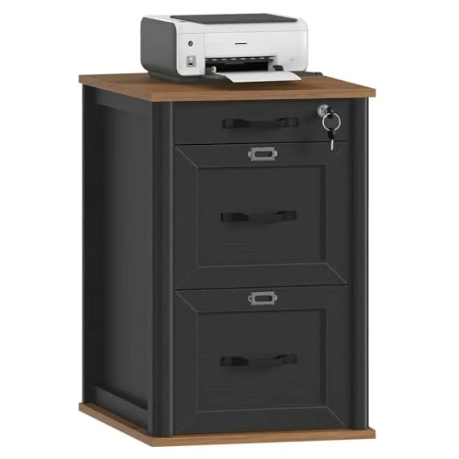 3 Drawer File Cabinet with Lock, Wooden Farmhouse Filing Cabinet with Storage Fits Letter and A4 Size, Vertical Printer Stand f