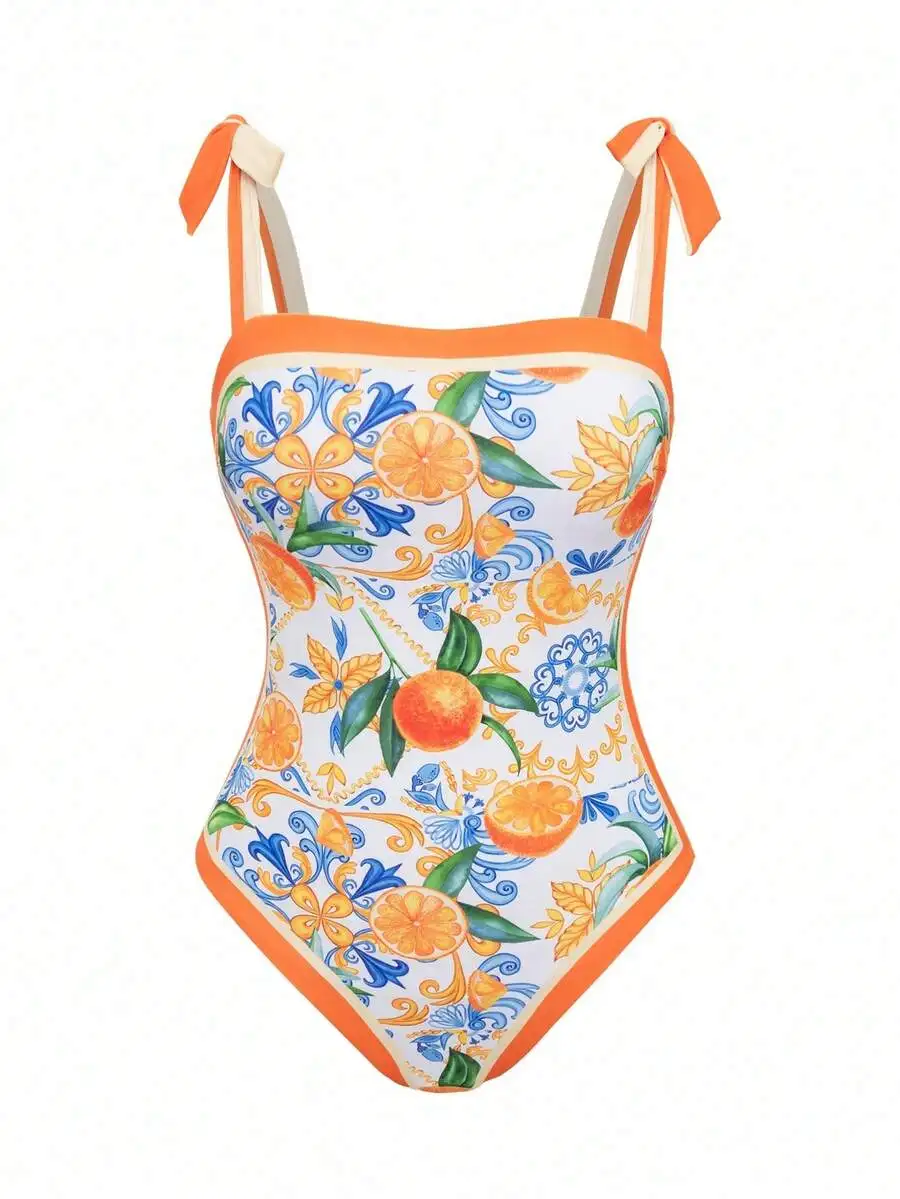 

Womens Orange Fruit Print One-Piece Swimsuit For Beach Summer Vacation