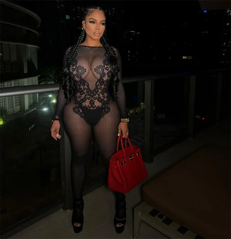 ตาข่ายดูผ่านBodycon Romperผู้หญิงJumpsuitเซ็กซี่คลับชุดMidnight Hollow OutผอมแขนยาวOneชิ้นOveralls