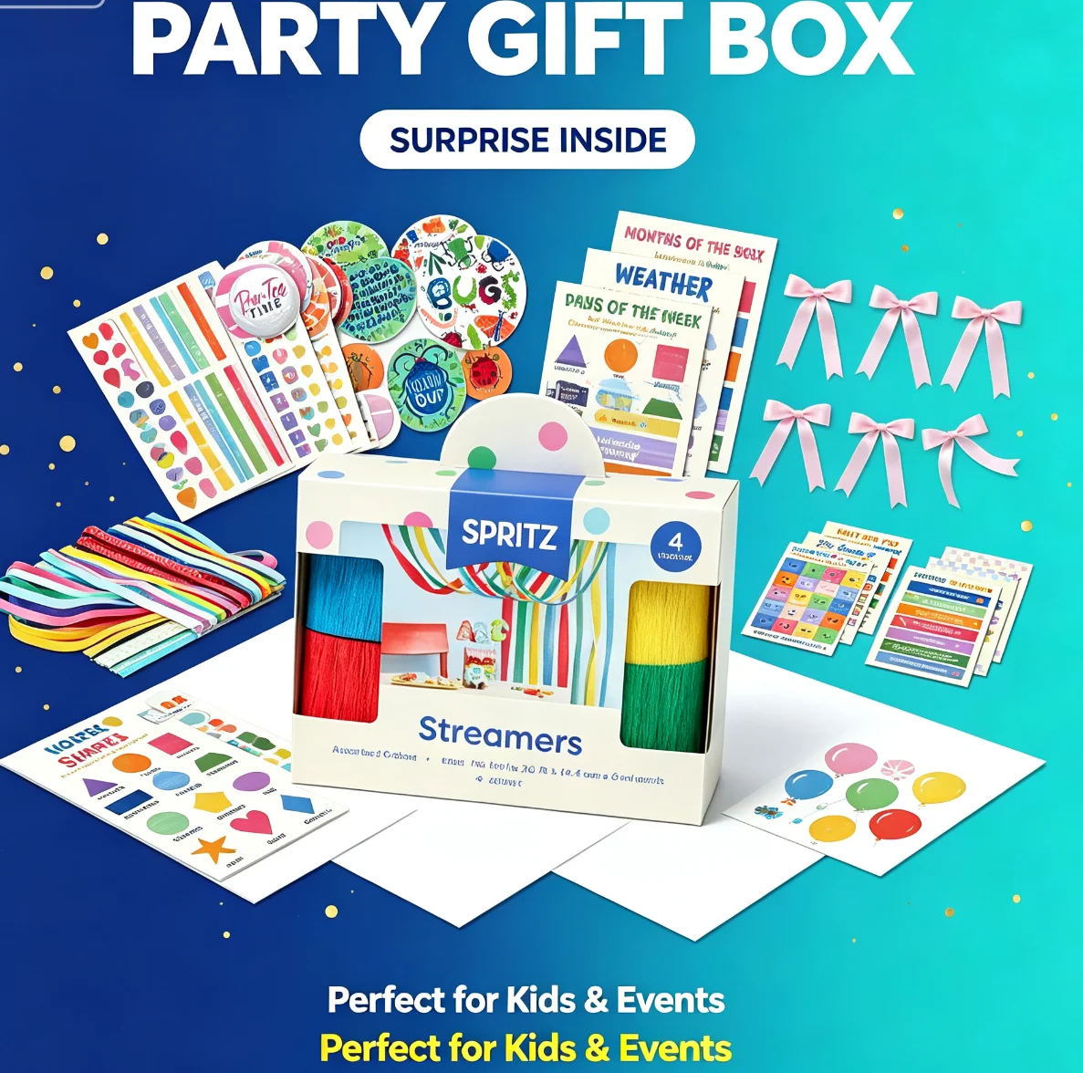 All Occasion Party Decor Mystery Blind Box, Random Theme Giant Circle Confetti Dot Stickers, Color Crepe Paper Streamers, Kids Educational Learning Posters, Satin Pre-Tied Bows, Birthday Graduation Classroom Lucky Surprise Gift Box, Random Style view 5