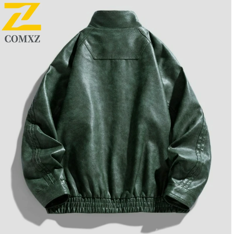 COMXZ Mens PU Leather Jacket 2025 New Premium Hiking Travel Windproof Coat Fashion Classic Stand Collar Comfort Leather Coats