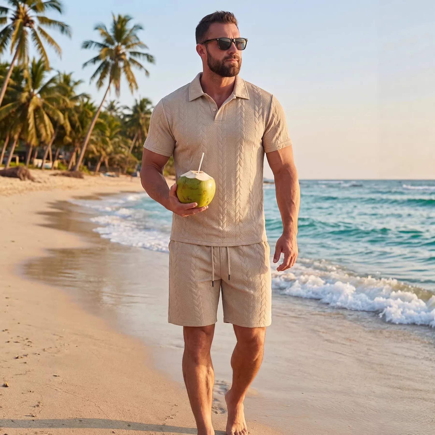 

Summer Men Jacquard Set Short Sleeve & Shorts Daily Leisure Vacation Sports Comfort 2026 Summer Fashion Men's Matching Sets