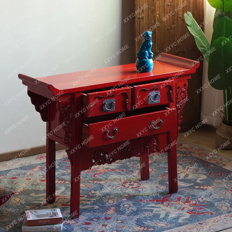 Chinese-style painted solid wood foyer cabinet, porch cabinet, warped head engraved case desk