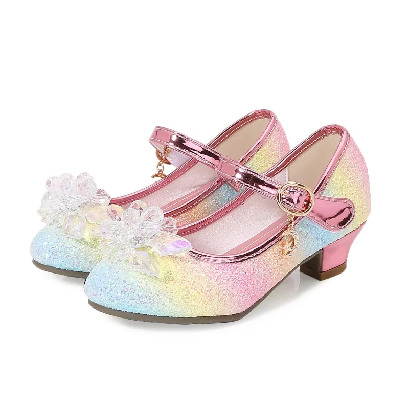 Girls Princess Leather Shoes Crystal Kids Sequins High Heel Shoes Fashion Luxury Rhinestone Children\'s Glitter Dance Dress Shoes