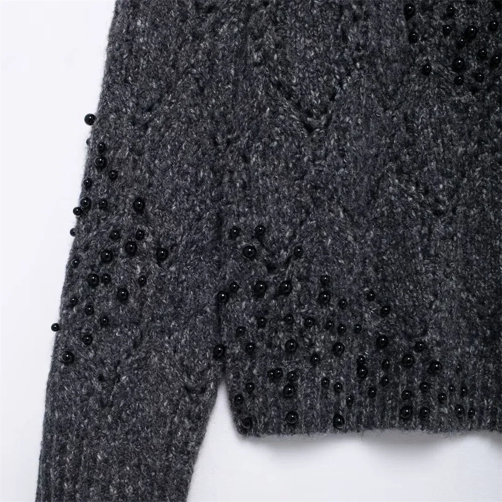 Pop 2025 Autumn New European And American Style Asymmetric Sexy Off Shoulder Hollow Beaded Knitted Sweater