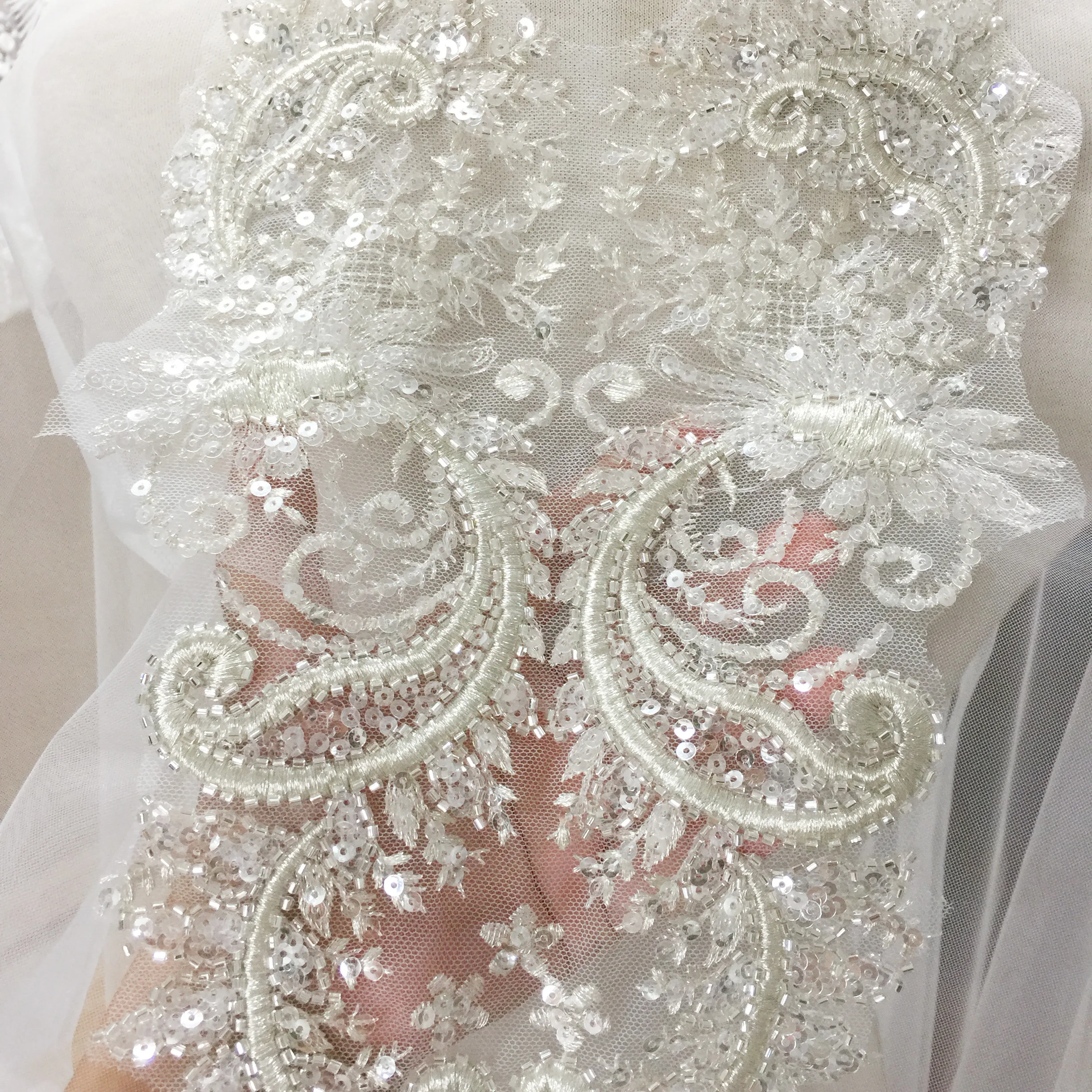 

Exquisite outer single silver thread three-dimensional nail bead sequin lace sewing wedding dress evening gown veil DIY Fabric