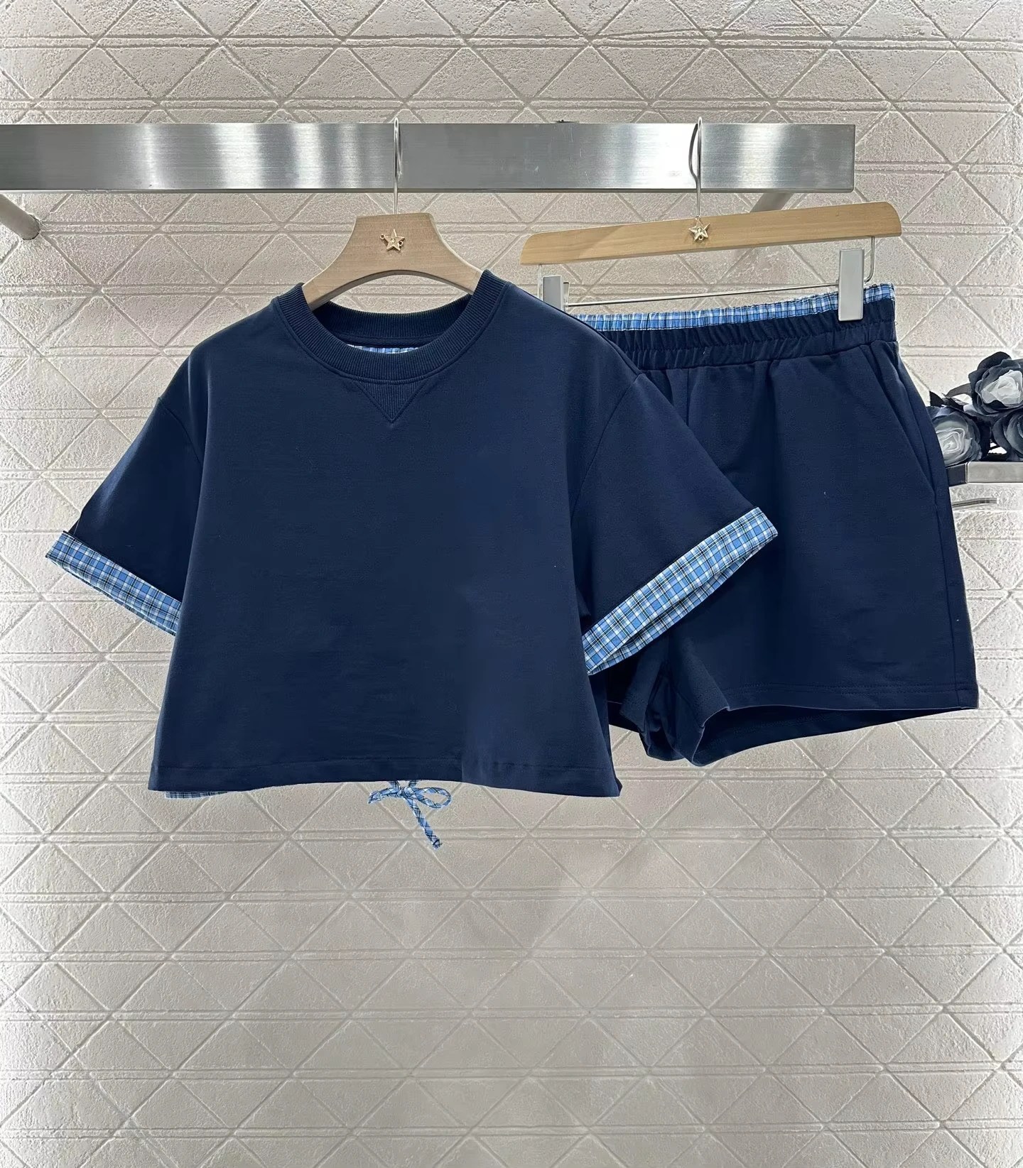 

Designer Brand 2025 Spring/Summer New Round Neck Checkered 100% Cotton Short Sleeve Shorts Set