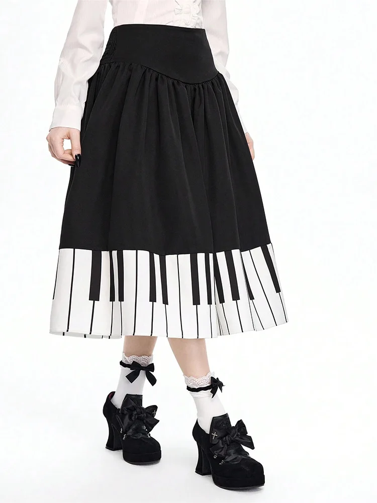 Summer New Sweet Spicy Black White Piano Pleated Skirt High Waist Slim Fit A Line Midi Skirt Vintage Design Skirt for Women view 4