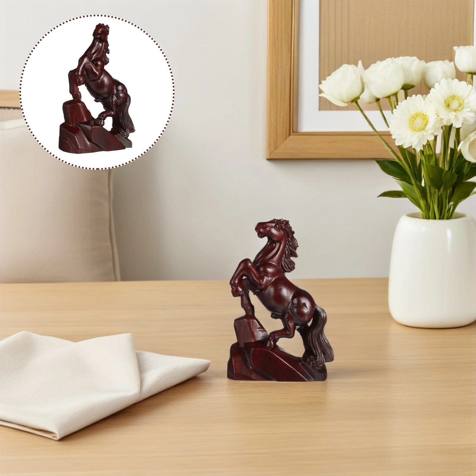

Wooden Horse Sculpture Hand-Carved Standing Horse Figurine Decorative Art for Home Living Room Bedroom Office Table Display