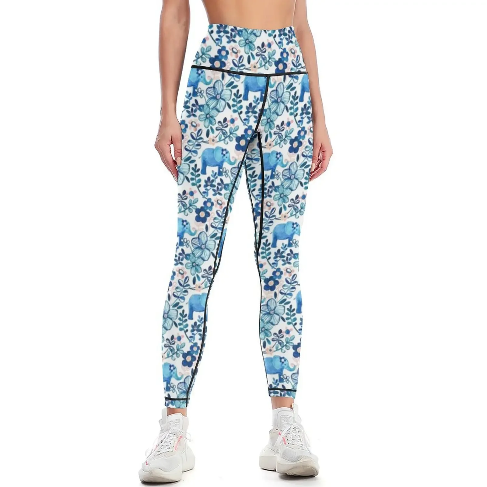 

Blush Pink, White and Blue Elephant and Floral Watercolor Pattern Leggings sportswear gym Legging sexy woman Womens Leggings