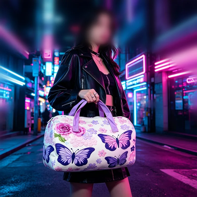 

2Pcs Butterfly & Floral Overnight Duffel Bag, Purple Flower Print Weekender Tote with Cosmetic Bag, Large Capacity Gym Bag