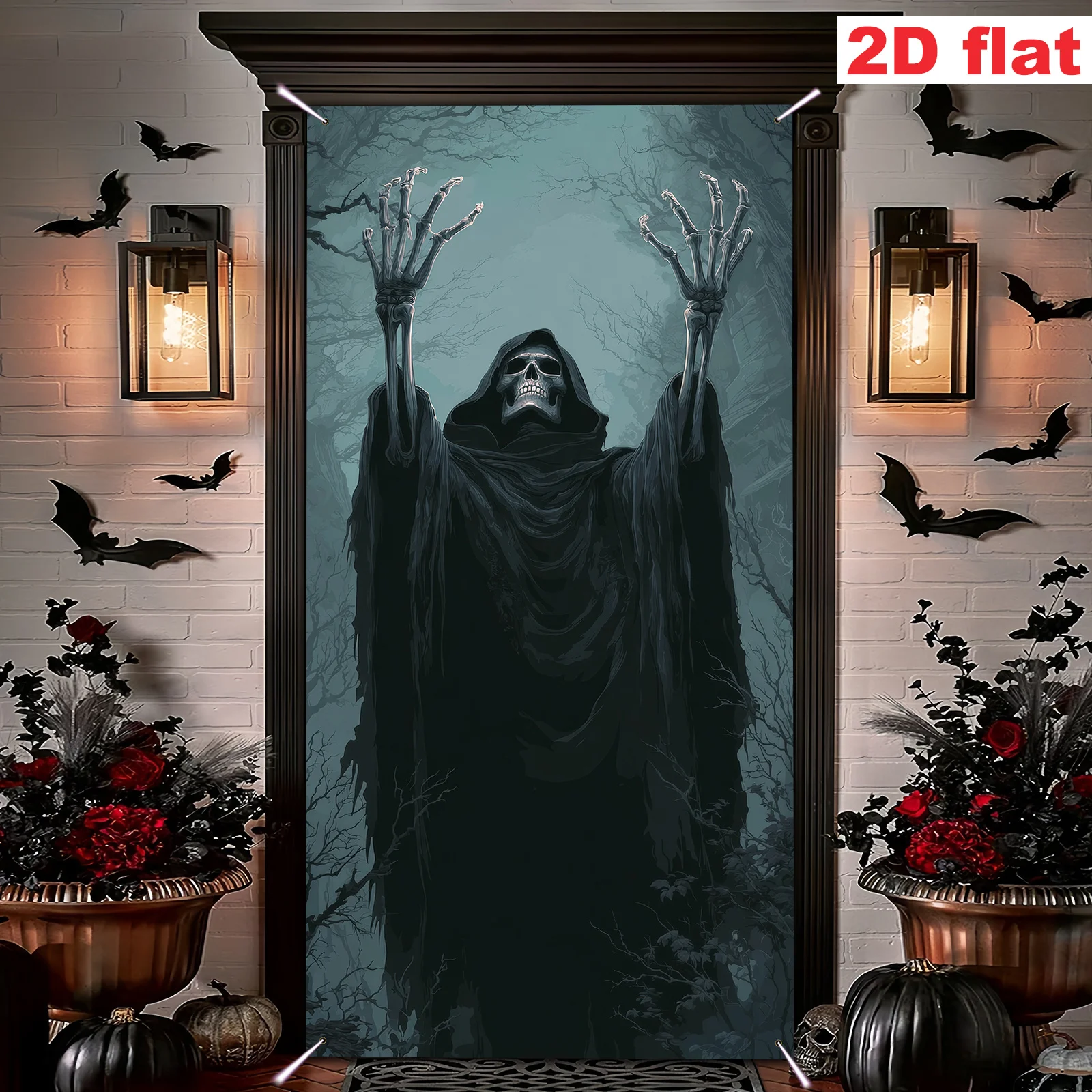 2D-Türbanner, 2D-Partybanner, 1 Stück, Halloween-Torrahmenbanner aus Polyester mit Totenkopf und Todesdesign